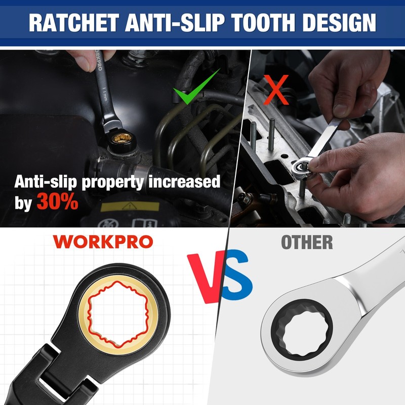 WORKPRO 8-piece Flex Head Ratcheting Wrench Set Set Metric 8-17 mm 72-Teeth USA gallery