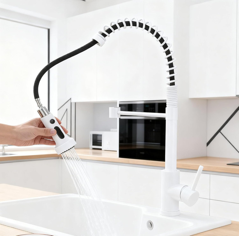 Stylish White Kitchen Faucet with Pull Down Sprayer for Farmhouse & RV gallery