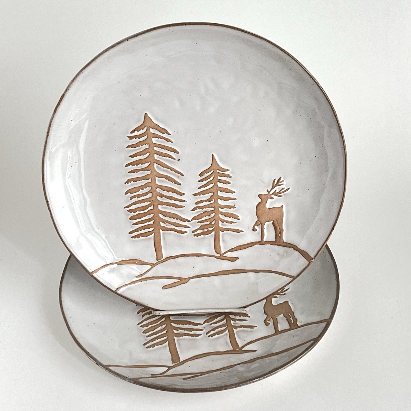 Dinner Plates 2 Winter Deer & Pine Trees Scene White 10” Stoneware Cabin Decor gallery