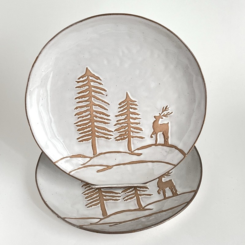 Dinner Plates 2 Winter Deer & Pine Trees Scene White 10” Stoneware Cabin Decor gallery
