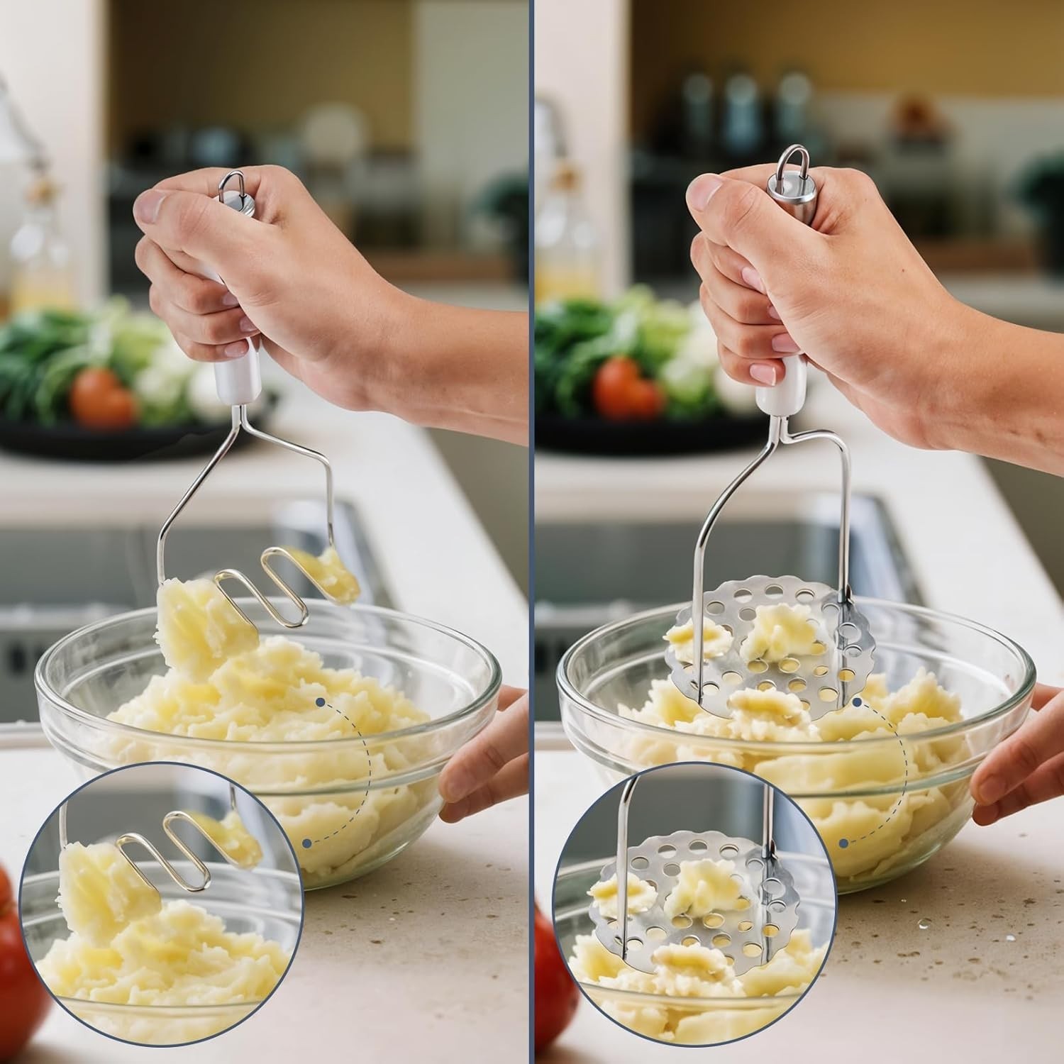 2PCS Stainless Steel Potato Masher – Kitchen Tool for Vegetables, Fruits & Meat gallery