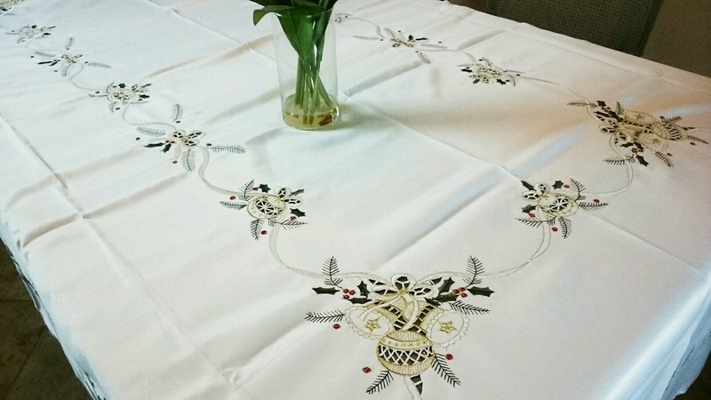 54x72" Embroidery Cutwork Christmas Embroidered Tablecloth Napkins Elegantlinen gallery
