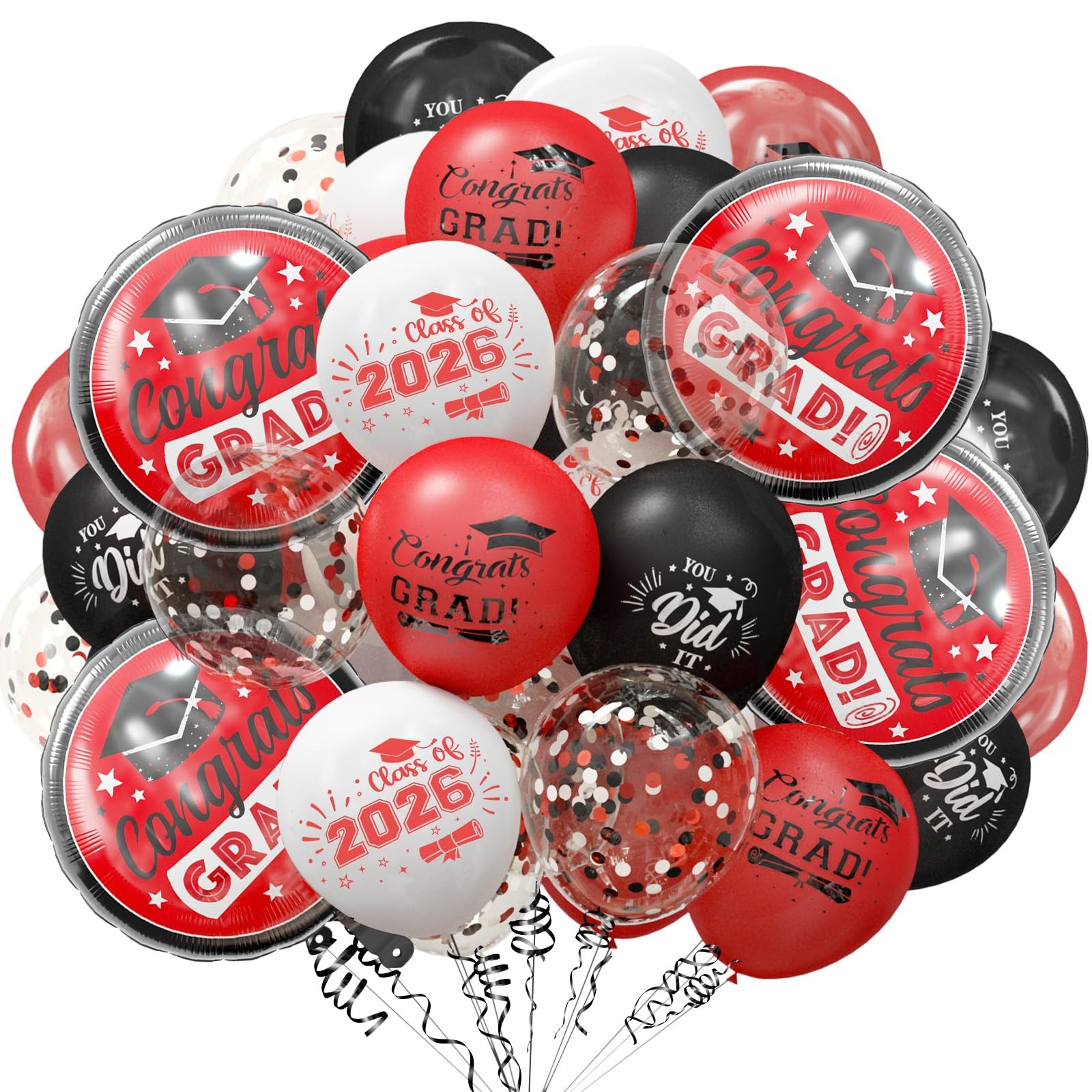 Graduation Black and Red Balloons 2026 Grad Latex Confetti Balloons with Con... gallery