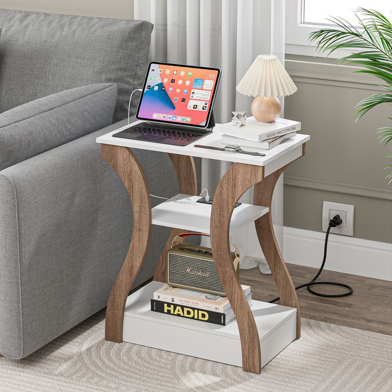 3 Tier End Table w/ USB Charging Station White Storage Shelf for Living Room 2X gallery