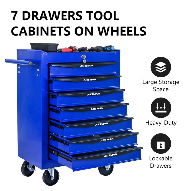 Lockable 7 Drawers Rolling Tool Box Cart Tool Chest Storage Cabinet Wheels Metal gallery