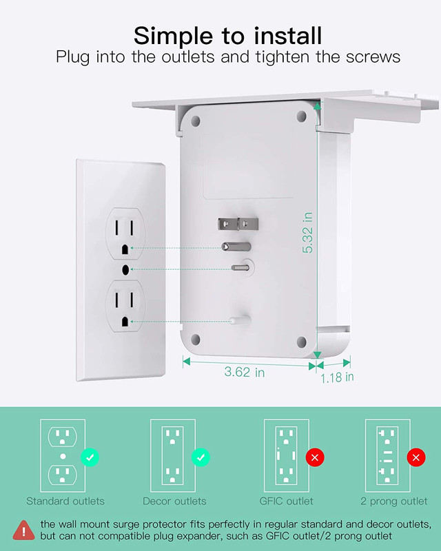 Wall Outlet Extender with Surge Protector, 6 AC Outlets, Shelf, 2 USB & USB C Ch gallery