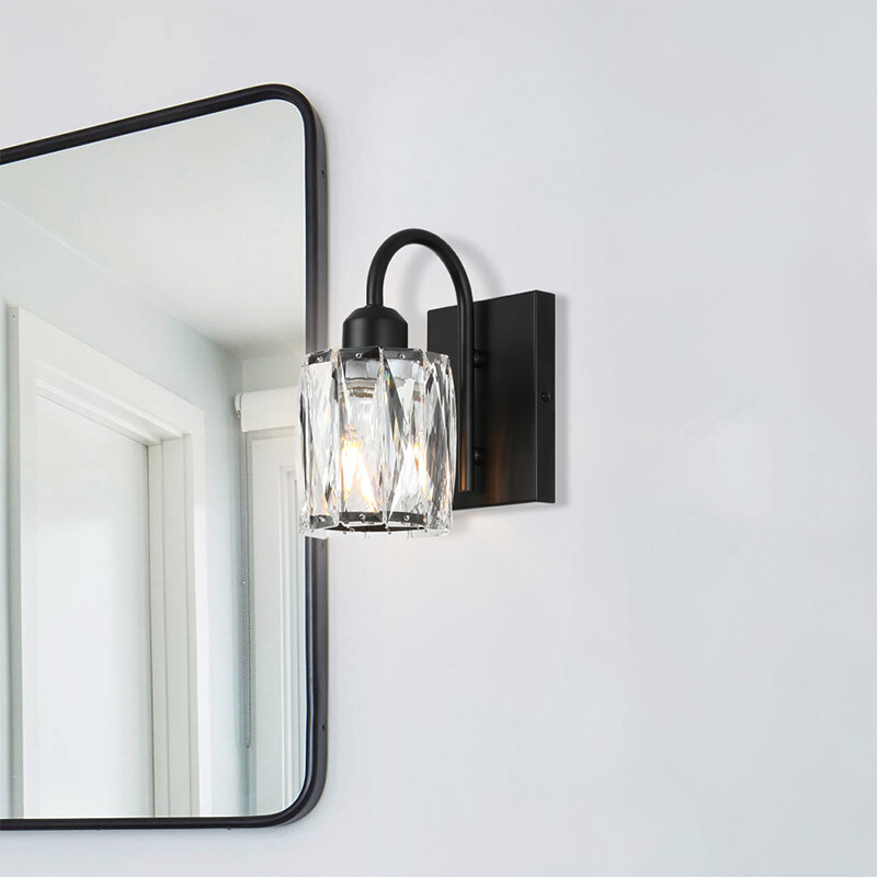 Bathroom Wall Sconce Black Vanity Light with K9 Crystal Shade for Hallway Mirror