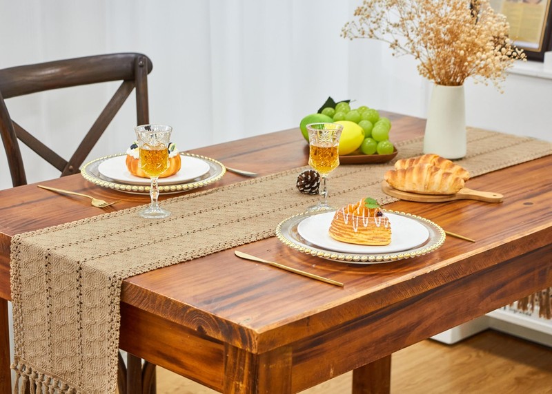 Brown Boho Table Runner Spring Burlap Coffee with Tassels 72 Inches Long for ... gallery