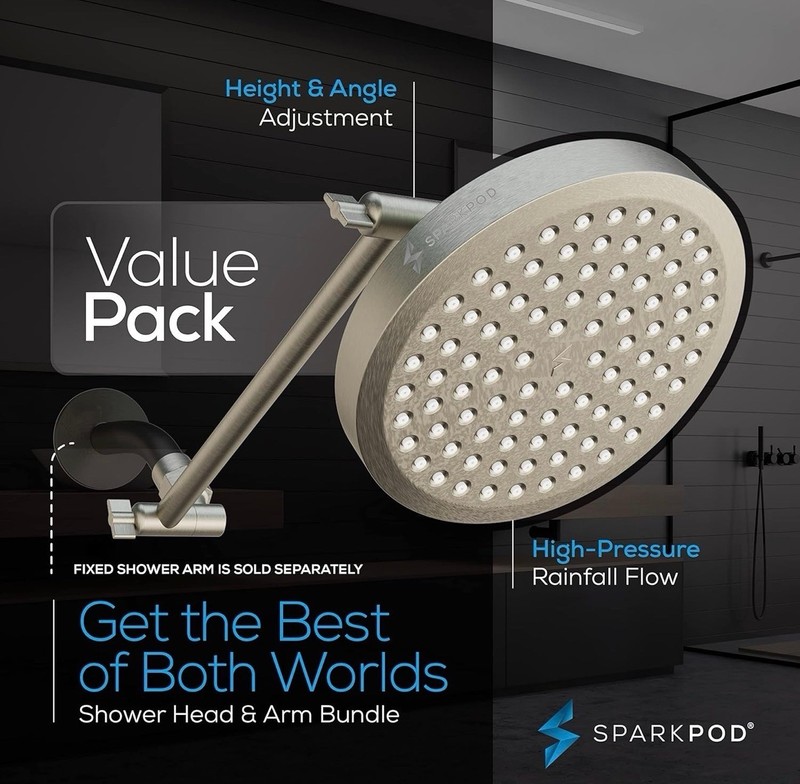 SparkPod Round Rain ShowerHead w Extension Arm - Height Adjustable High Pressure gallery