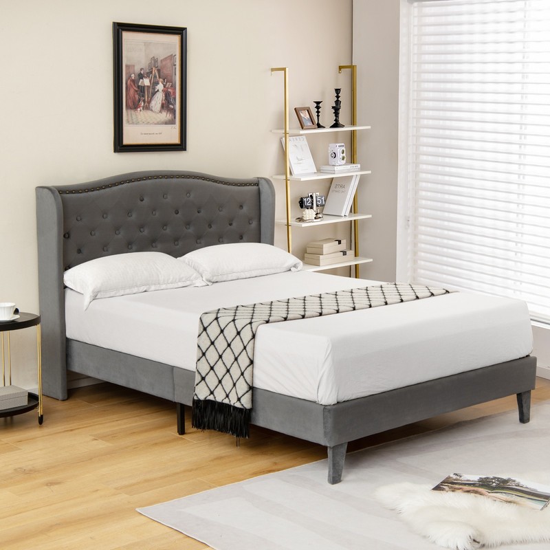 Queen Upholstered Platform Bed Frame W/ Button Tufted Headboard Noise-free gallery