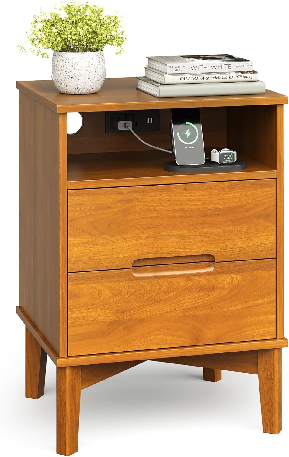 2 Pack Nightstand with Charging Station, 2 Drawers, Open Shelf, USB Ports Outlet gallery