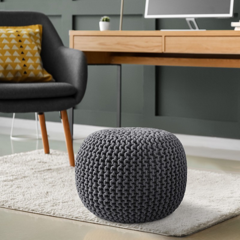 OPEN BOX - Round Cotton Pouf Ottoman, Dark Gray - 20 x 20 x 14.5 Knit Foot gallery