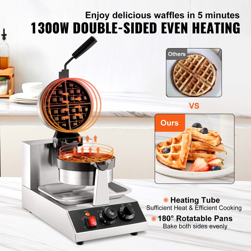 Commerical Round Waffle Maker 1300W Rotatable Non-Stick Waffle Iron 120V gallery