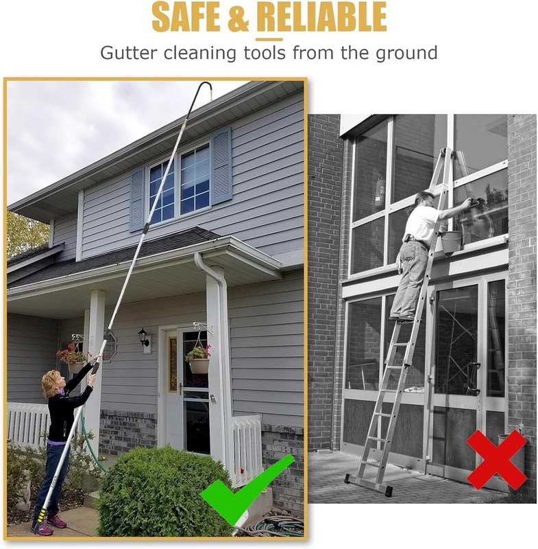 24FT Reach Gutter Cleaning Tools from The Ground, Telescopic Rain Gutter Cleaner gallery