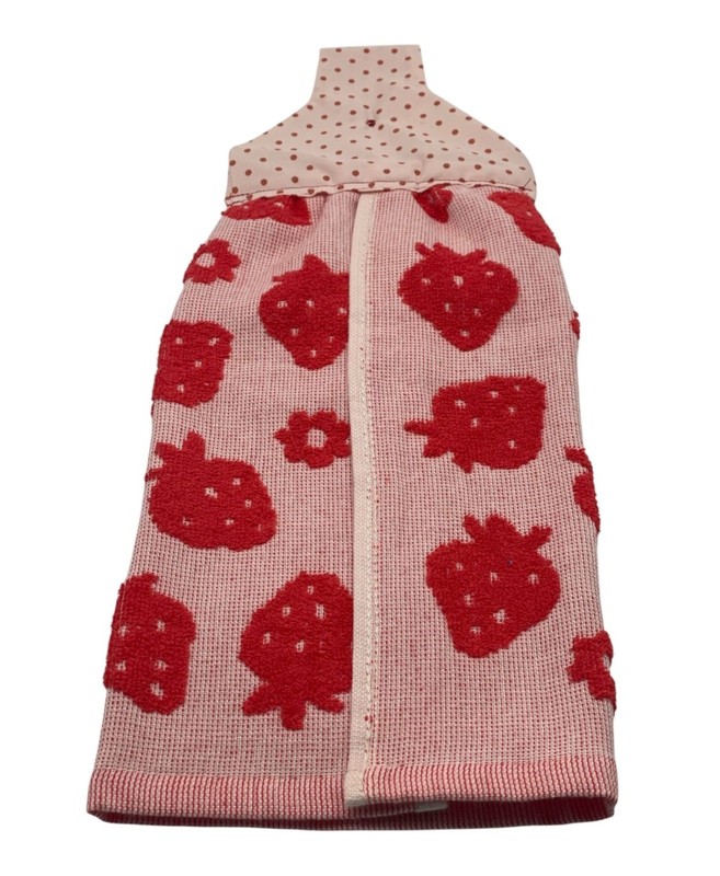 Handmade Strawberry Dishtowel With Red Embossed Strawberries on Pink Terry Towel gallery