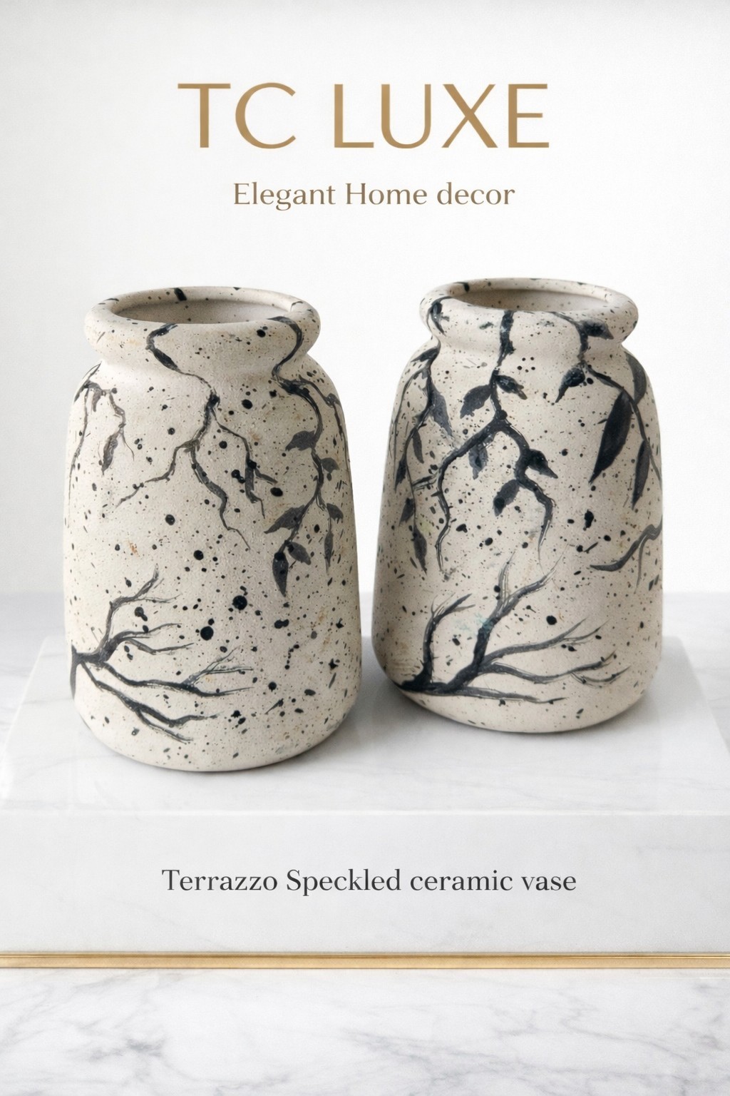 TC LUXE Terrazzo Speckled Ceramic Vases Set of 2 Ivory Hand Painted Home Decor gallery