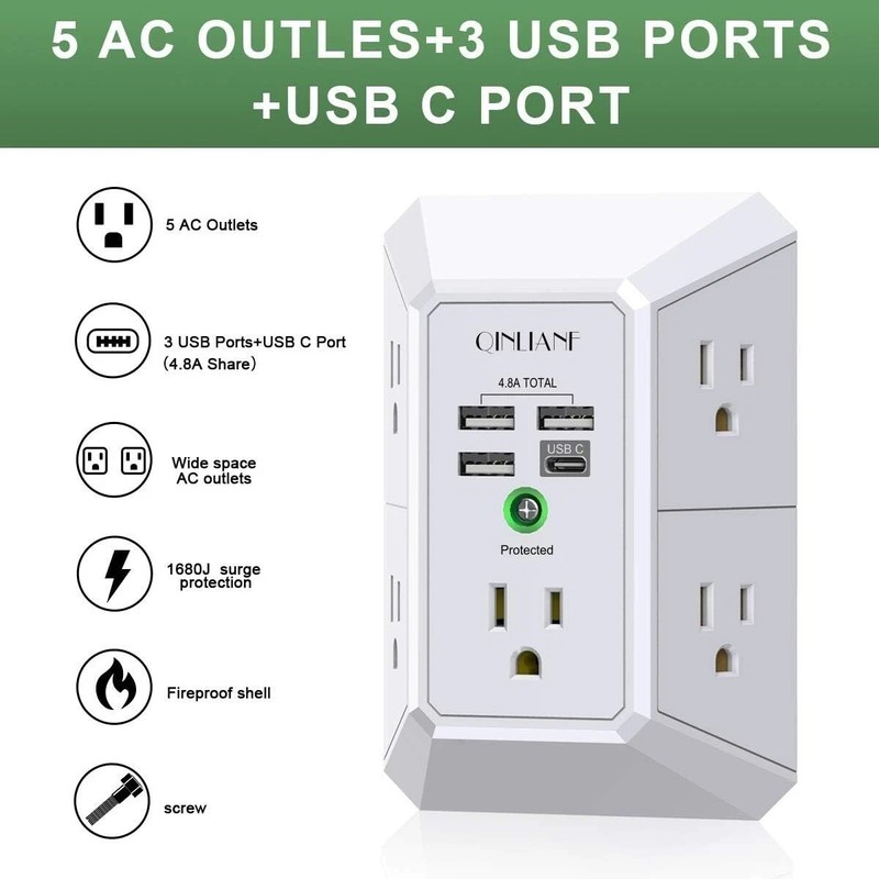 5 Outlet Extender Surge Protector Multi Plug Wall Adapter USB Charger Ports with gallery