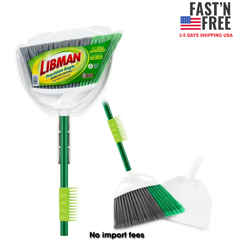 Libman Household Angle Broom and Dust Pan with Clean Fibers Comb, Green/White gallery