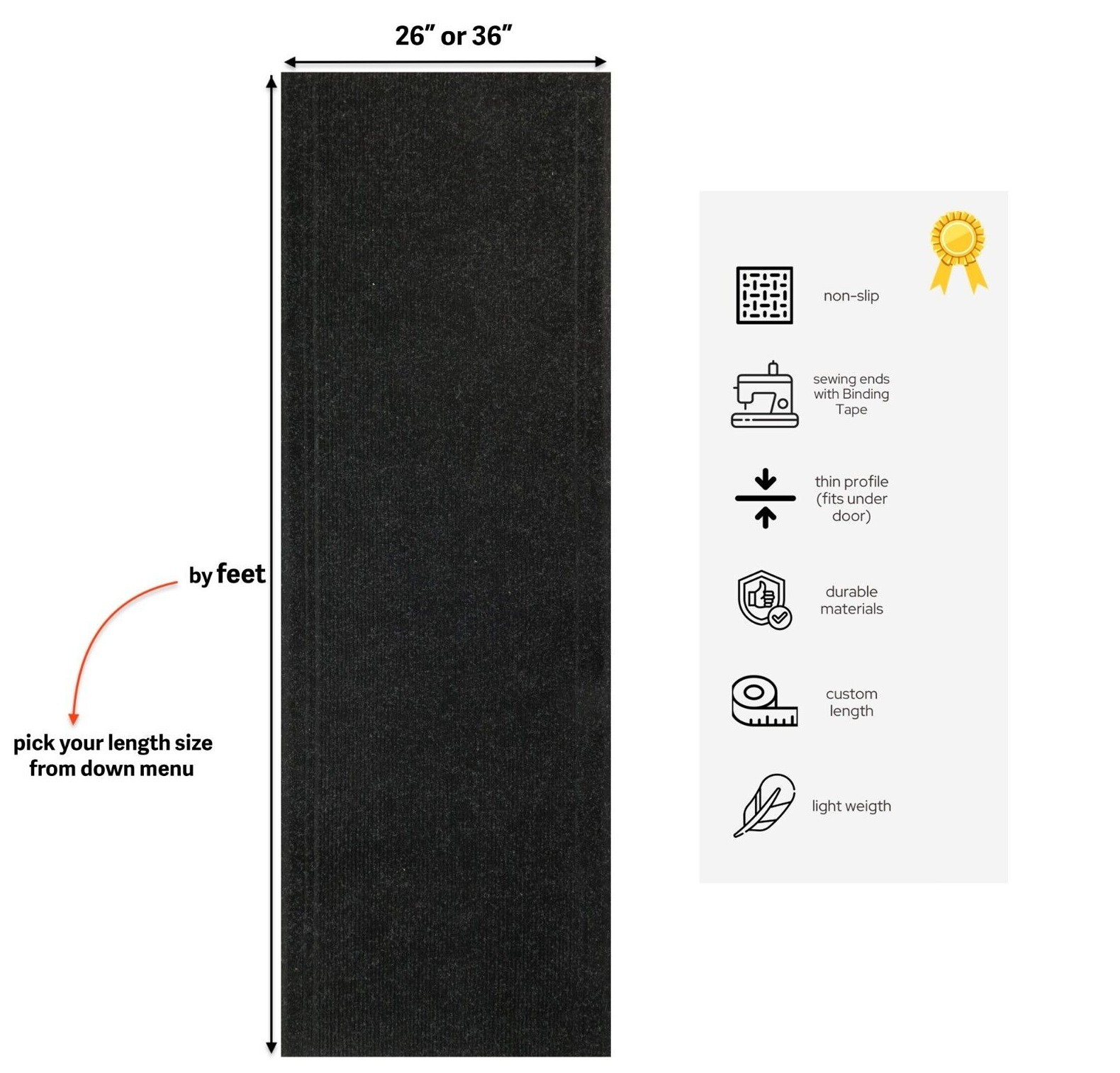 Rug Light Weight Non Slip Black Color for Outdoor 26" / 36" Wide gallery