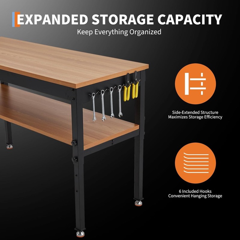 Height Adjustable Workbench 48"x 24" Large Capacity Heavy-Duty Power Outlets gallery