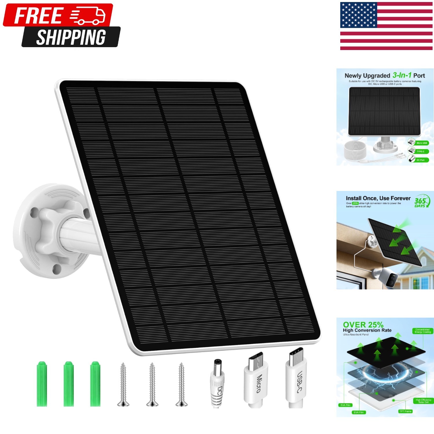 Solar Panel Charger for Security Camera, Type-C Plug, 9.8Ft Long Cable, Water gallery
