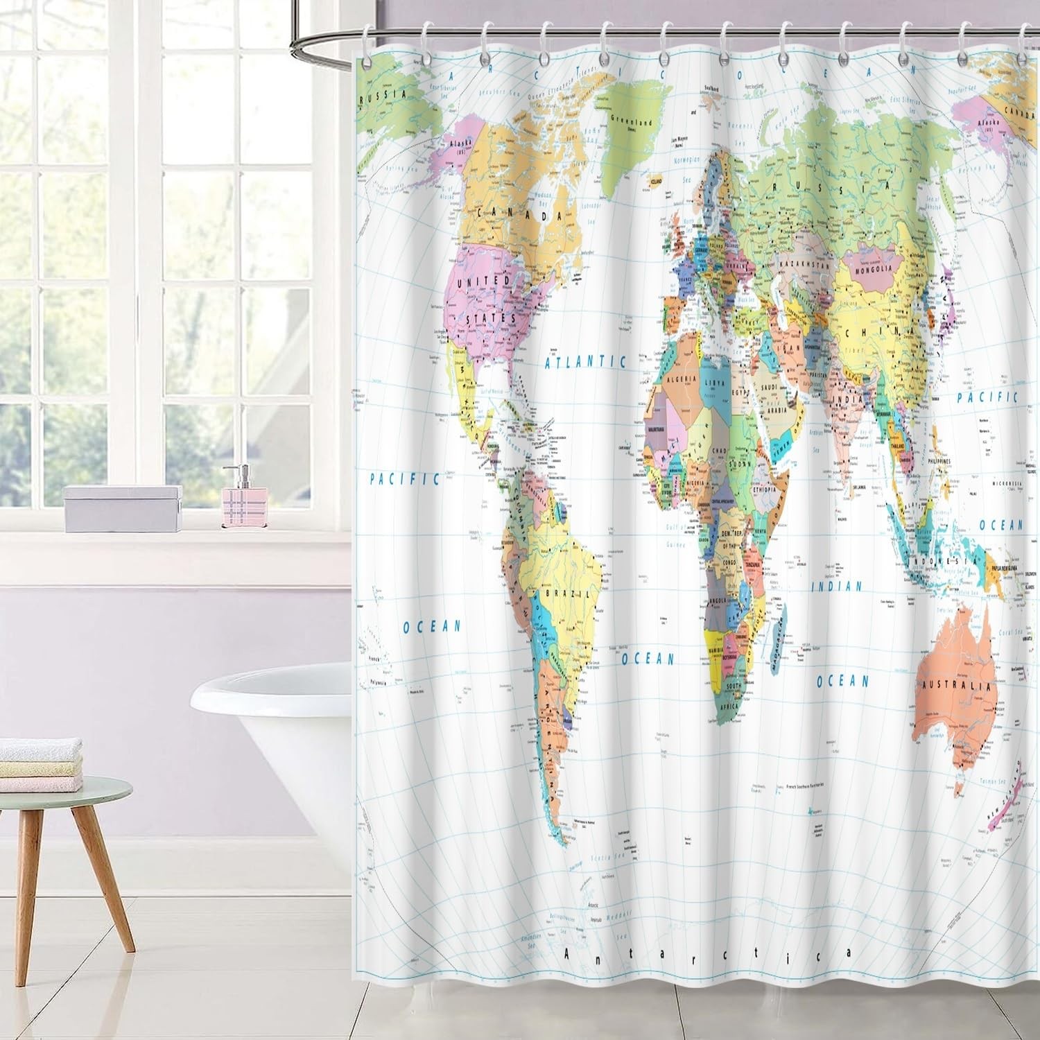 48x72inch World Map Shower Curtain Educational Geography Countries Colorful B gallery