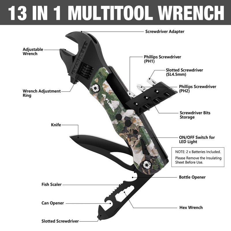 FLISSA 13-in-1 Multi Tool Wrench Multitool Adjustable Wrench EDC Knife w/Sheath gallery