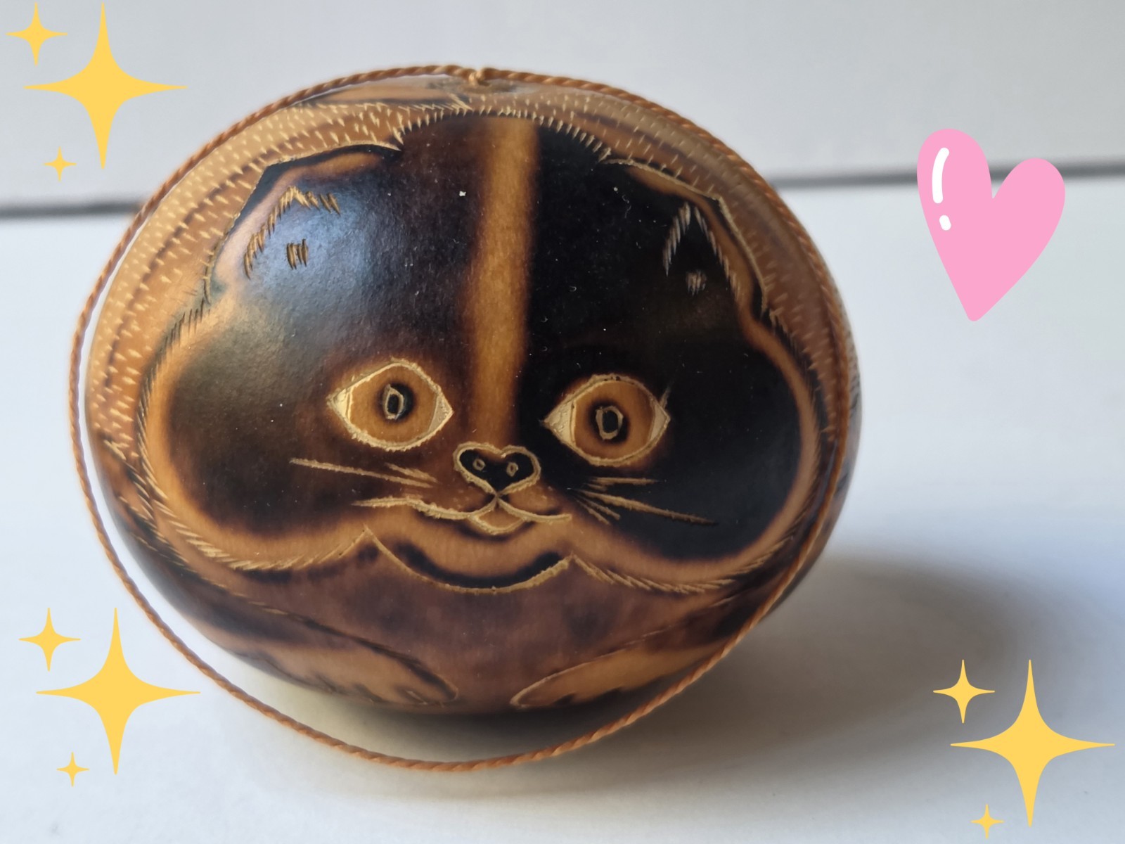 Peru Peruvian Gourd Hand Painted Carved Christmas Ornament Kitty Cat gallery
