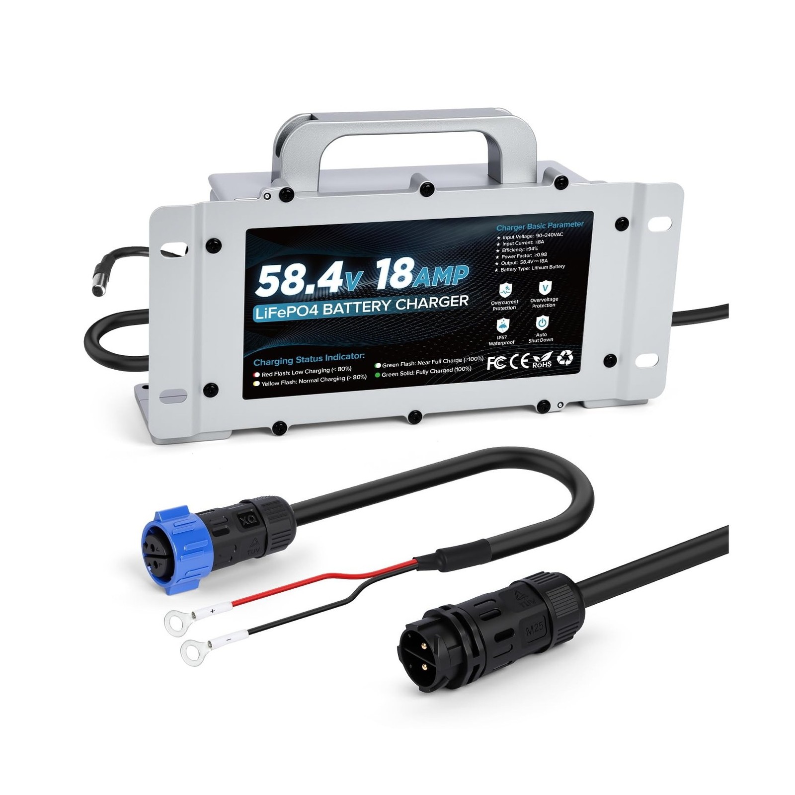 48 Volt 18A Lithium Battery Charger 0V Wake Up & 1250W Fast Charging with 2 M... gallery