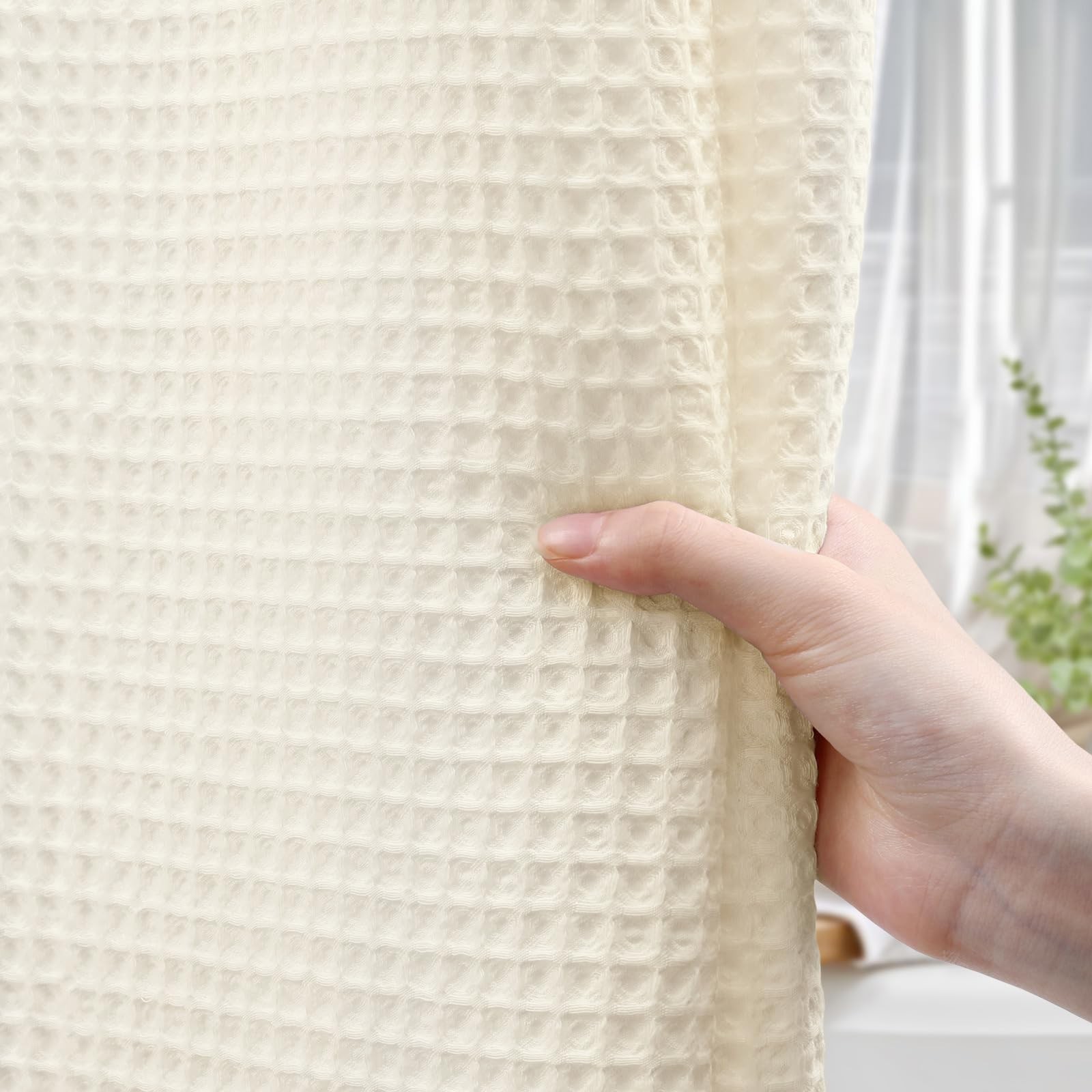 Long Waffle Shower Curtain - Ivory Cotton Texture Fabric Heavyweight Shower C... gallery