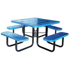 Square Picnic Table, Blue, Perforated Metal, 4 Seats, 80 In L, 29 5/8 In H
