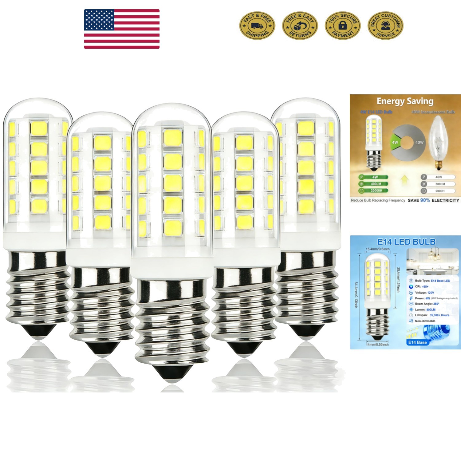 Versatile 5-Pack E14 LED 4W Daylight White Bulbs - Ideal for Multiple Fixtures gallery