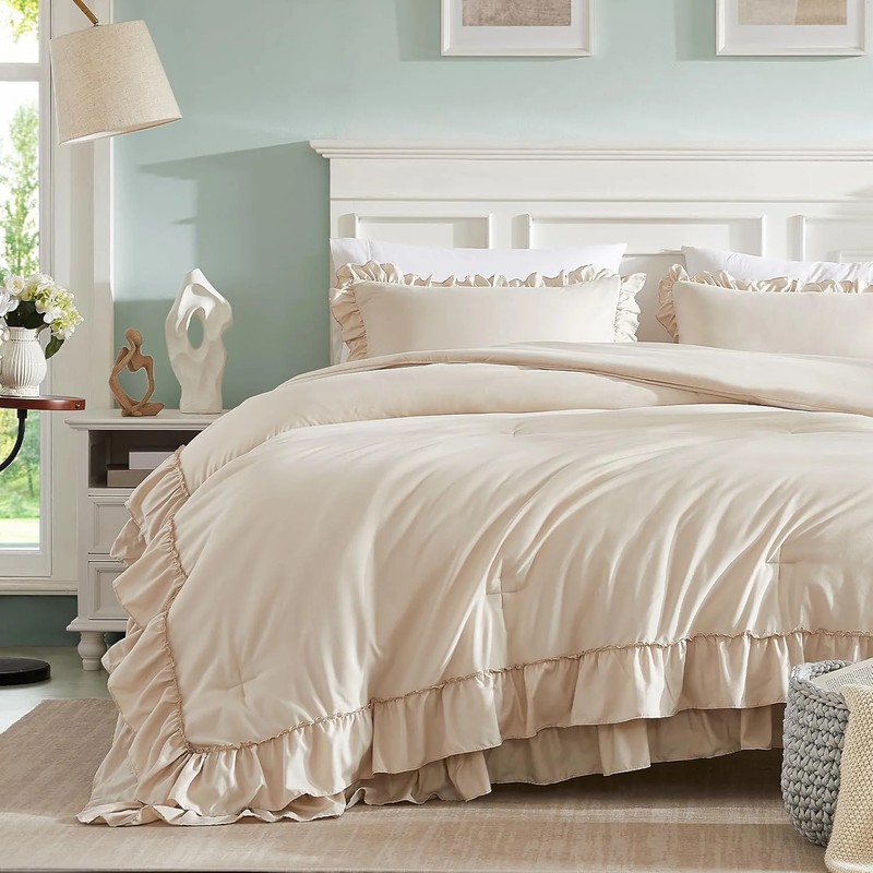 Cupocupa Pink Ruffle King Size Comforter Set, Shabby Chic Boho Bedding Comforter gallery