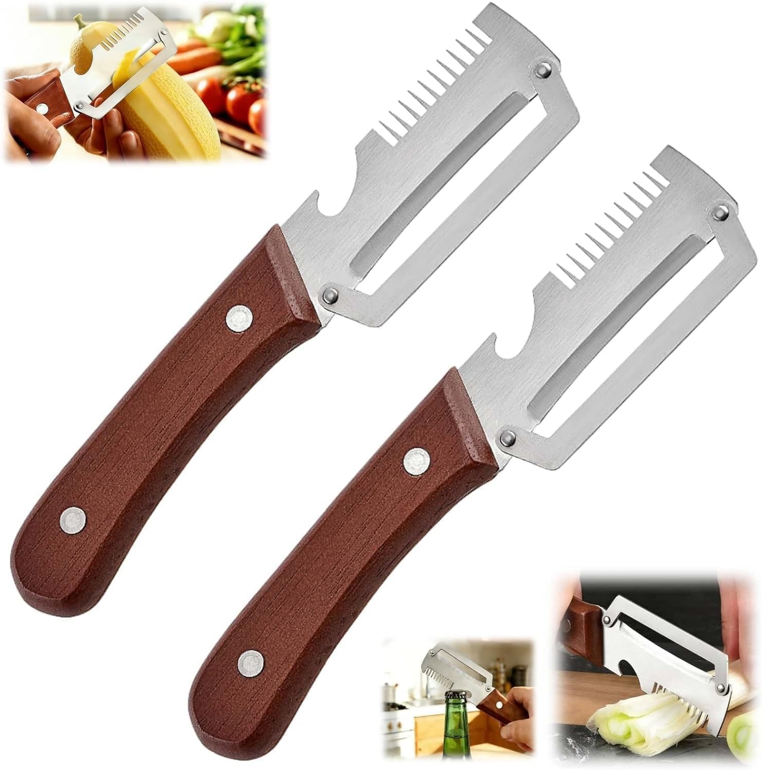 2 PCS 3-in-1 Multifunctional Vegetable Peeler with Wooden Handle,Julienne Slicer gallery