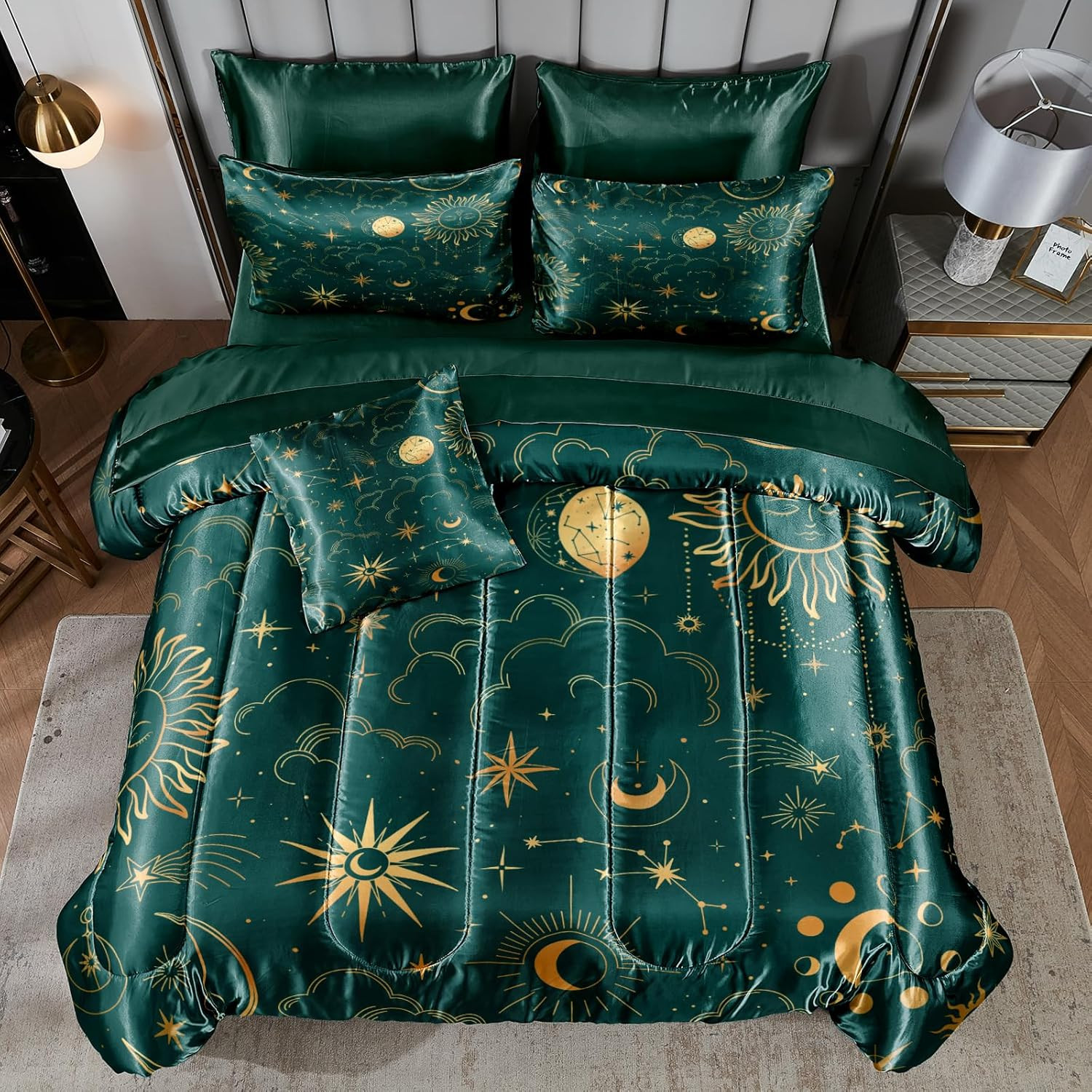 Sun and Moon Comforter Set Blue Green Satin Bedding Queen Stars Cloud Galaxy Com gallery