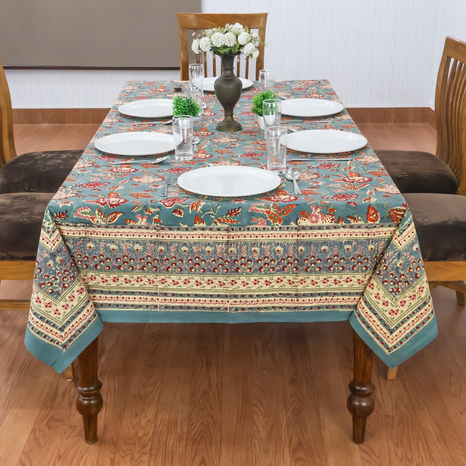Blue & Green, Floral Block Printed Table Cover, Rectangular Christmas Tablecloth gallery