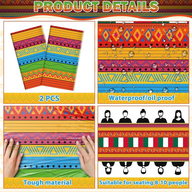 Durable 2-Pack Fiesta Table Covers 52x87in - Perfect for Taco & Mexican Parties gallery