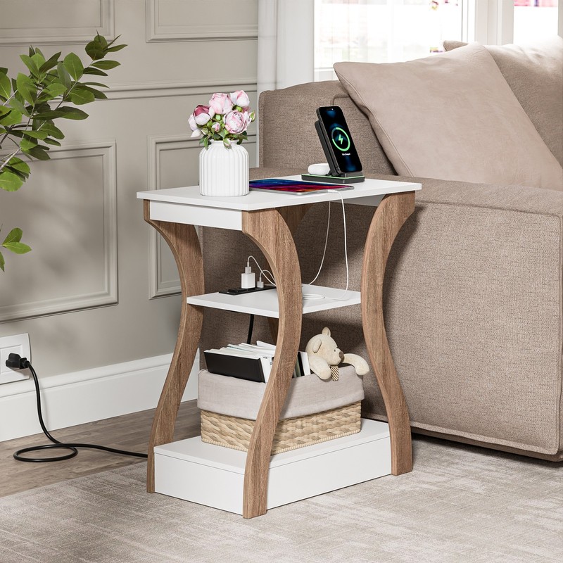 3 Tier End Table w/ USB Charging Station White Storage Shelf for Living Room 2X gallery