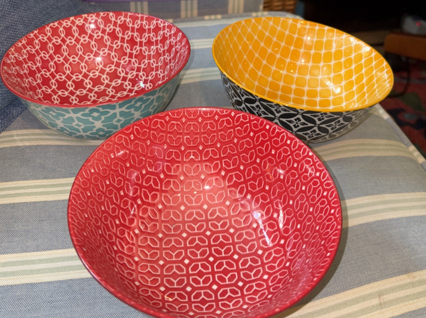 Dowan Ceramic Cereal/Soup Bowls 6” Set of 3 each a different Multi Color Pattern gallery
