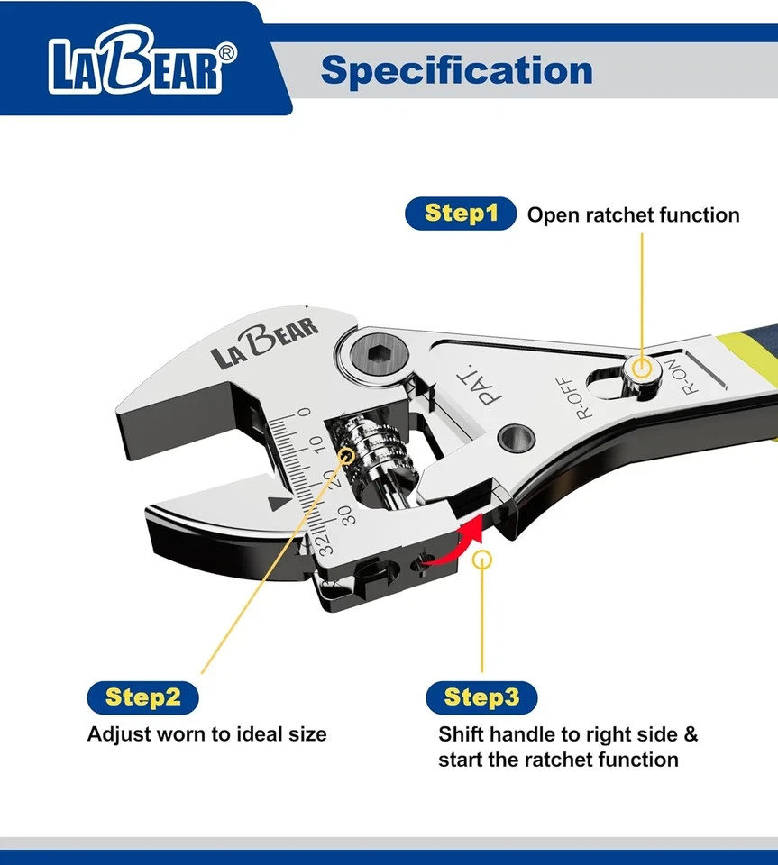 LABEAR- 8 Inch Long X 1Inch(25Mm) Adjustable Ratchet Wrench gallery
