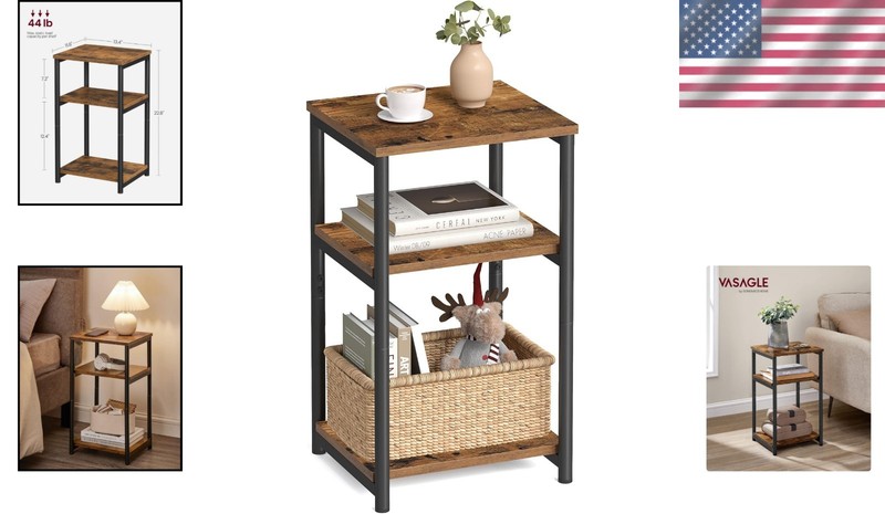Rustic Brown & Black Industrial Side Table with 3 Storage Tiers - Compact Design gallery