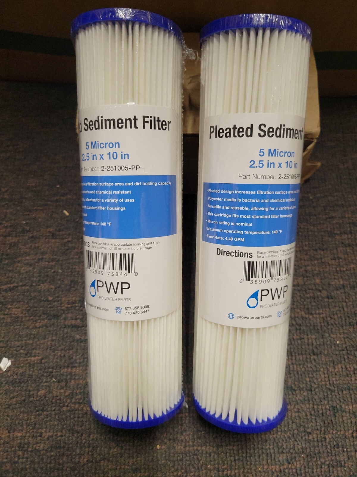 Pleated Poly Sediment Water Filter Cartridge Standard 2.5x10" 5 Micron 2 Pack gallery