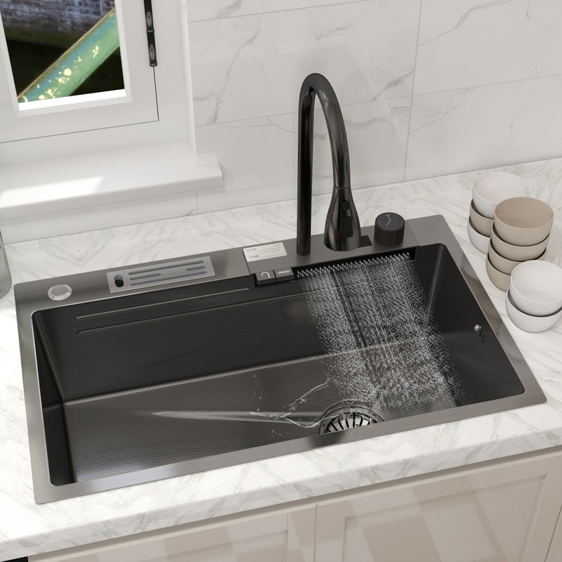 30" Multi Purpose Kitchen Sink Stainless Steel Single Bowl W/ Waterfall Faucet gallery