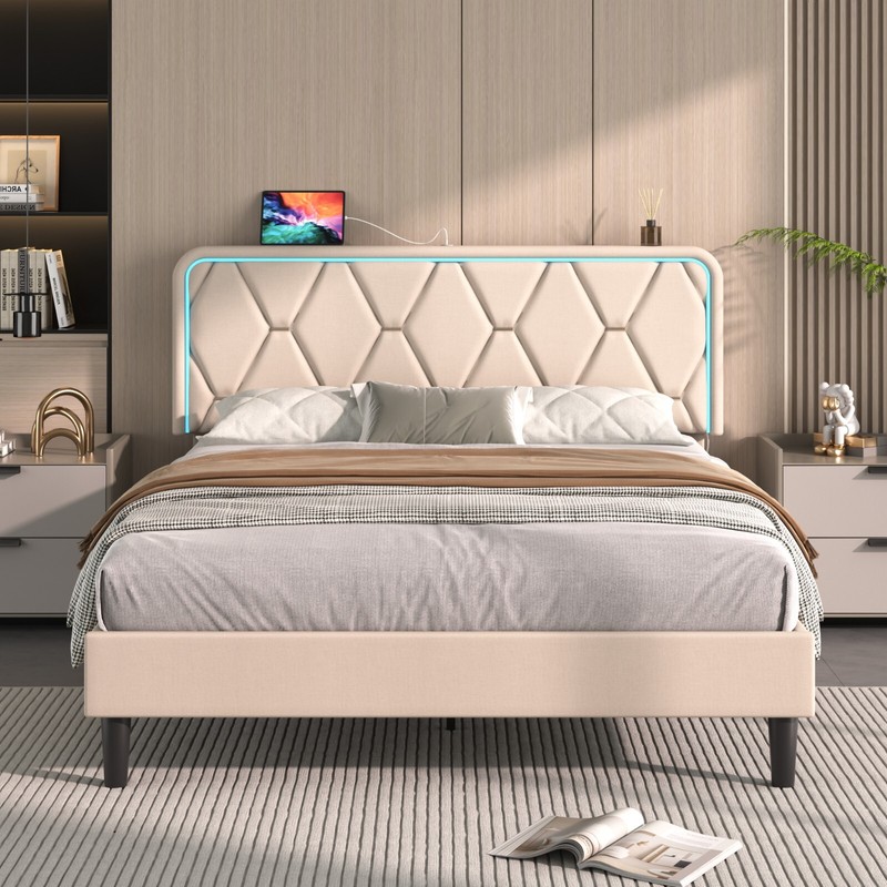 LED Light Queen Full Twin Bed Frame with USB Ports Size Headboard Platform Bed gallery