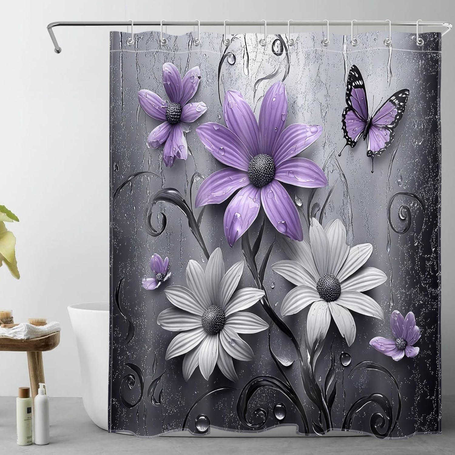 LB Purple Floral Shower Curtain for Bathroom, Plant Purple and Gray Abstract Flo gallery