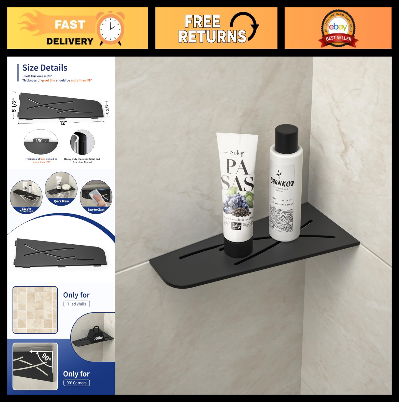 Matte Black 12" Corner Shower Shelf - Recessed 304 Stainless Steel Storage Rack, gallery