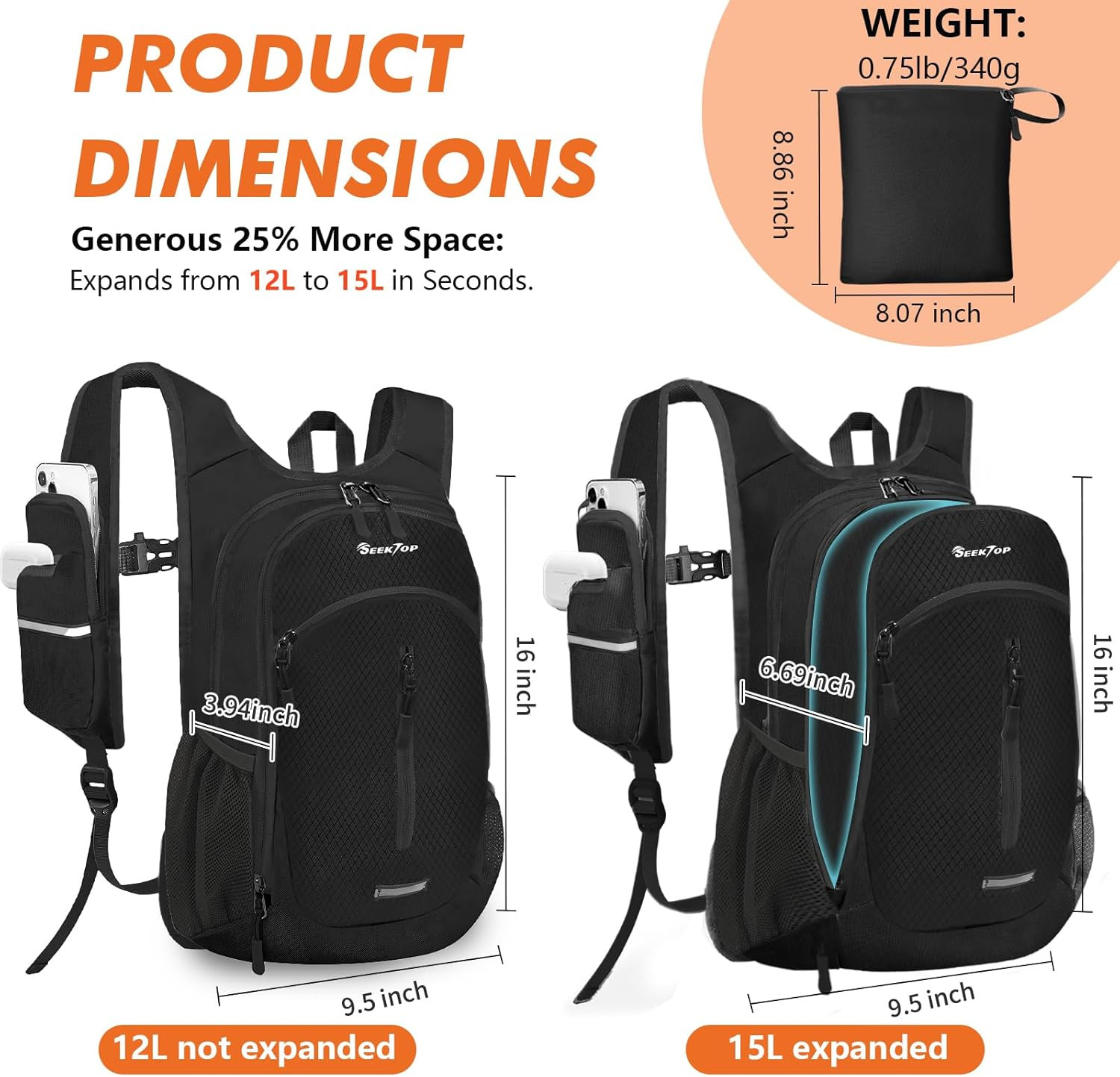 Seektop Expandable Small Hiking Backpack 12L-15L Lightweight Packable Waterproof 2