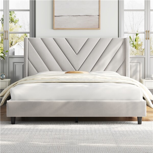 Full/Queen Upholstered Bed Frame with Wing Side Headboard, No Box Spring Needed gallery