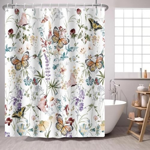 Wildflower Butterfly Shower Curtain Spring Botanical Blue Purple Butterfly gallery