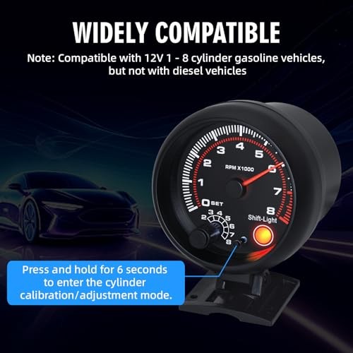 RPM Tachometer Gauge with Shift Light for Car 0-8000 RPM 3-3/4" 95mm Tach gallery